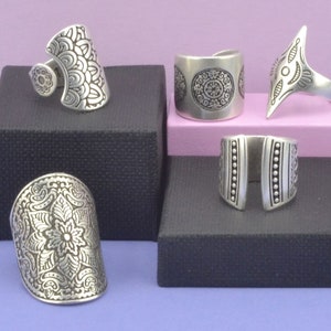 Adjustable Mandala Ring: Sterling Silver Plated Bohemian Jewelry - Chunky Statement Band Ring Boho Style