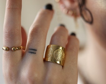 Boho Mandala Ring: Gold or Silver Plated, Adjustable Wide Band