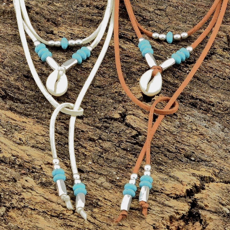 Boho Turquoise Cowrie Shell Wrap Necklace: Vegan Suede Bohemian Jewelry ...