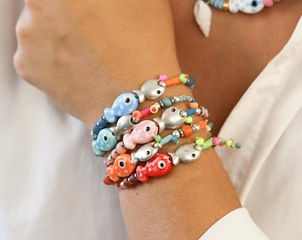 Colorful Fish Beaded Bracelet – Boho Coastal Stack – Ceramic/Glass Beads – Summer Beach Jewelry Gift for Her – Adjustable Cord