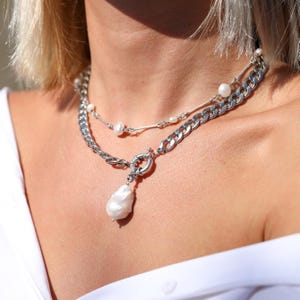 Chunky Extra Large Pearl Necklace - Oversized Cuban Chain with Natural Flameball Baroque Pearl - Bold Fireball Pearl Jewelry Gift for Women