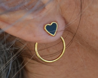 Tiny Heart Studs with Enamel, Girlfriend Earrings Minimalist Gold Ear Jackets, Dainty Turquoise or Black Stud Earring, Double Sided Earring