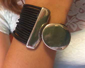 Wide Silver Cuff Bracelet: Multi Strand Leather Boho Jewelry