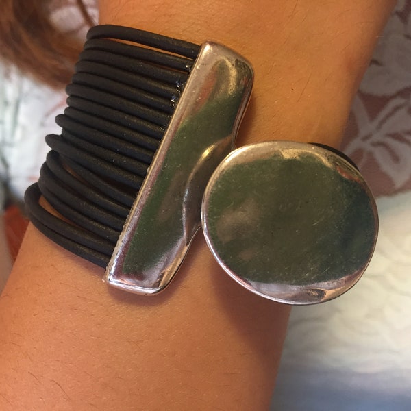 Wide Silver Cuff Bracelet: Multi Strand Leather Boho Jewelry