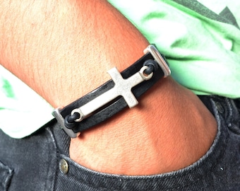 Personalized Men Sideways Cross Bracelet Religious Leather Cross Jewelry Christian Gift Baptism Keepsake Religious Gift Cross Leather Cuff