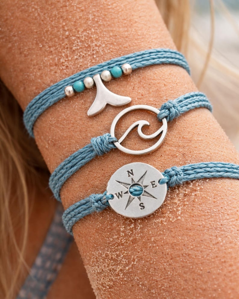 Beach String Bracelet Set – Wave Compass Whale Tail – Waterproof Ocean Jewelry – Coastal Surfer Stack Gift for Her image 11