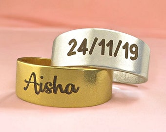 Minimalist Band Ring with Engraved Name or Date | Stylish Ring with Your Own Custom Engraving in Silver or Gold |  Personalized Gift