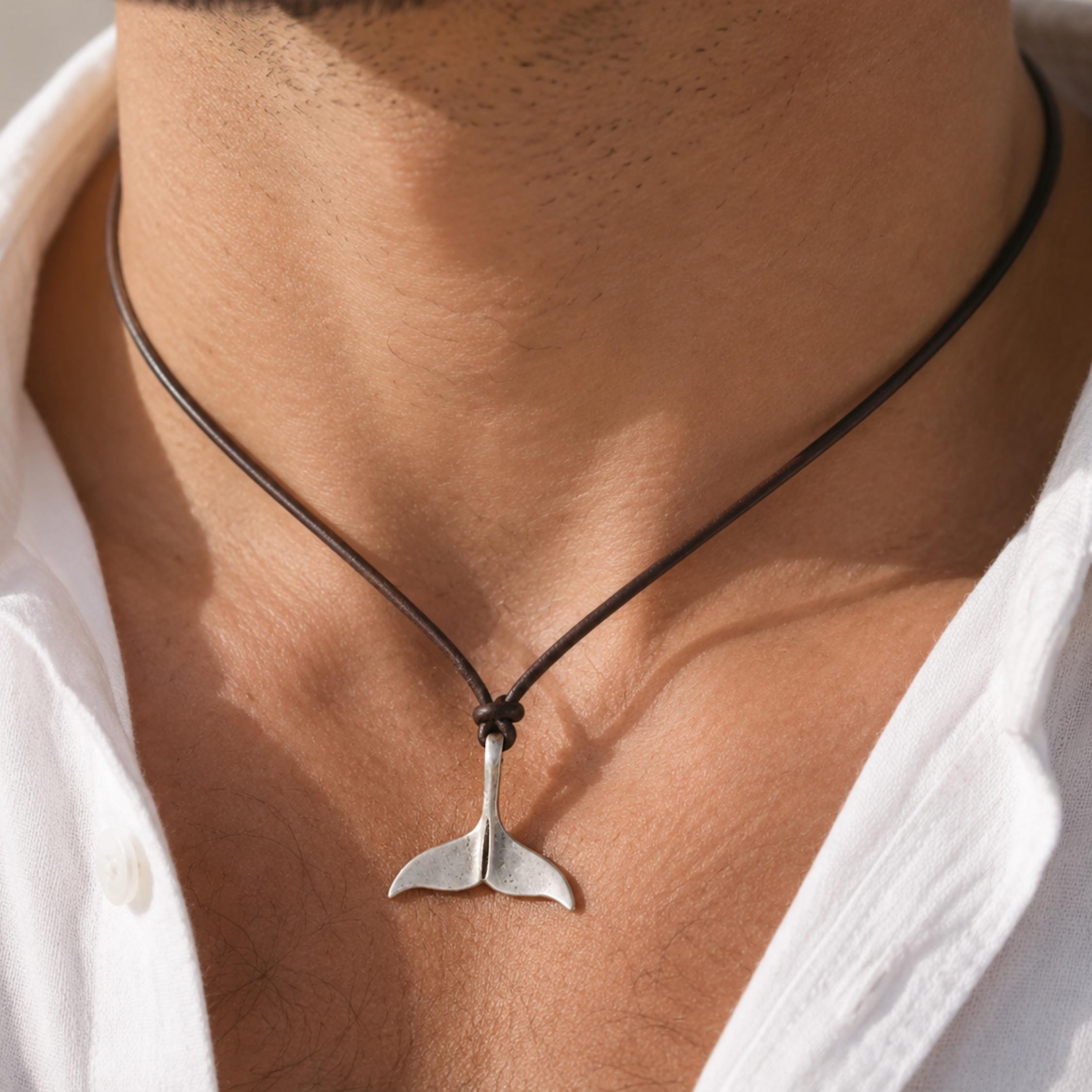 Whale Tail Necklace Leather Necklace Nautical Jewelry Ocean Lover Gift Beach Jewelry Marine Life Pendant Gift for Him
