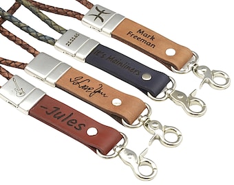 BADGE HOLDER LANYARD Leather Key Strap Leather Lanyard Monogram Keychain Custom Text Handwriting Drive Safe Keychain Personalized Gifts