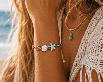 Handmade Sea Turtle Charm Bracelet Shiva Eye Shell Jewelry Coastal Beach Bracelet Starfish Bracelet Ocean Inspired Summer Jewelry Gift