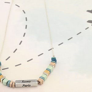 Personalized Ceramic Bead Traveler Necklace: Engraved Sterling Silver Plated Charm