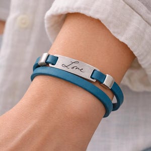 Handwriting Leather Bracelet – Double Wrap Cuff – Custom Signature Engraved Plate – Personalized Gift for Her or Him