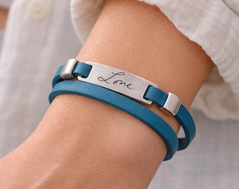 Handwriting Leather Bracelet – Double Wrap Cuff – Custom Signature Engraved Plate – Personalized Gift for Her or Him