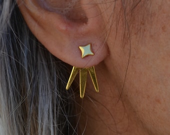 Dainty Spike Ear Jacket Gold or Silver Minimal Geometric Stud Earring Modern Front Back Earrings Gifts for Women Simple Gift for Her