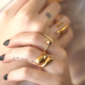 Chunky Teardrop Wraparound Ring – Wideband Bypass Statement Ring in Gold or Silver – Bold Boho Adjustable Jewelry Gift for Her
