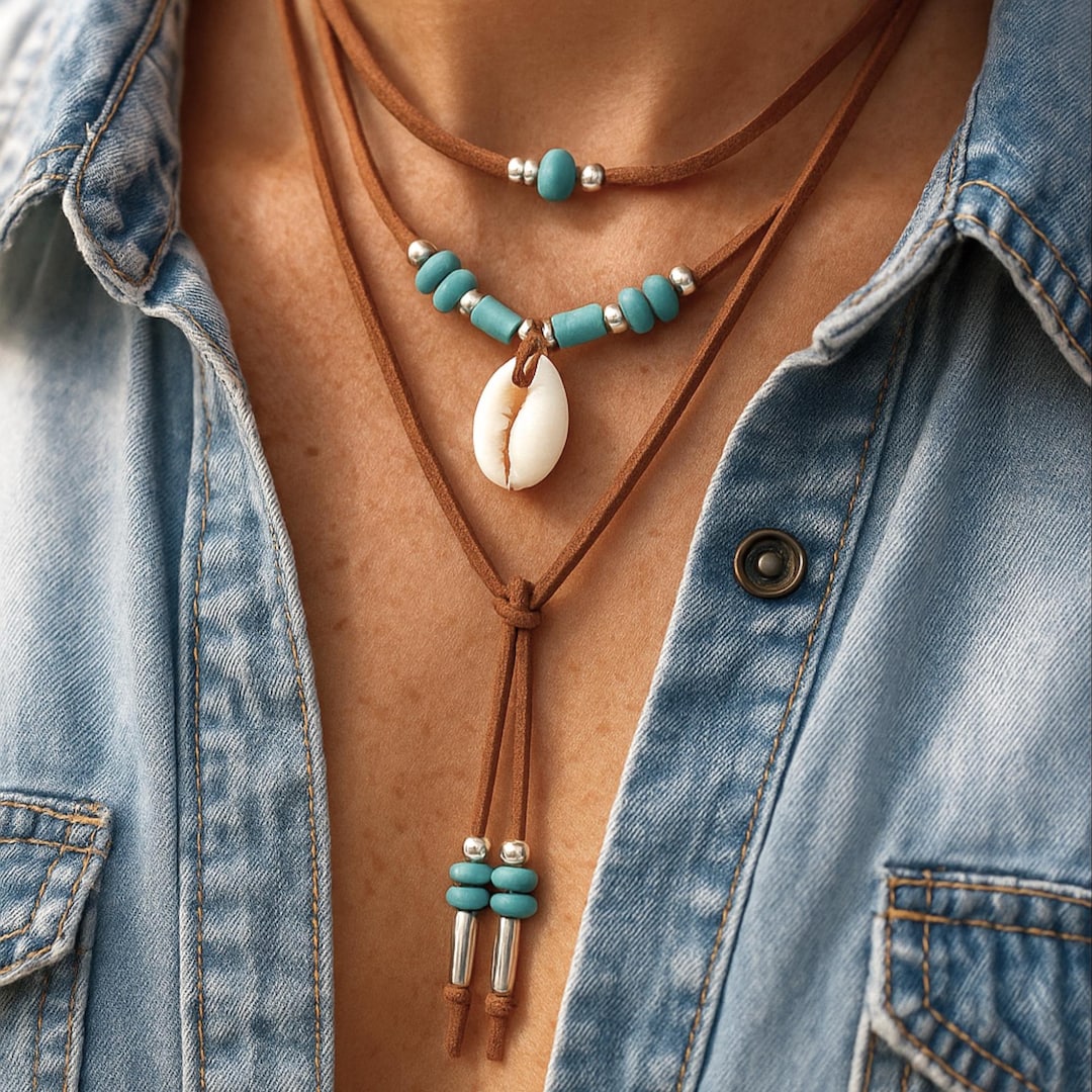 Boho Turquoise Cowrie Shell Wrap Necklace: Vegan Suede Bohemian Jewelry ...