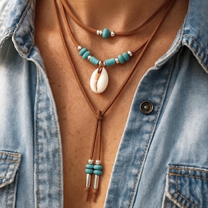 Collar bohemio de concha turquesa: joyería bohemia de ante vegano