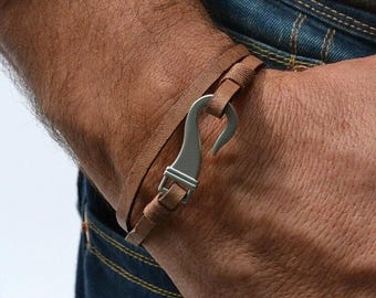 Fish Hook Leather Bracelet – Nautical Wrap Bracelet for Men – Surfer Style Gift for Husband, Boyfriend or Dad – Rustic Jewelry for Him