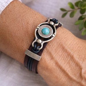 Turquoise Leather Bracelet, Gemstone Leather Bracelet, Silver Bracelet For Women, Adjustable Bracelets, Boho Beaded Bracelets