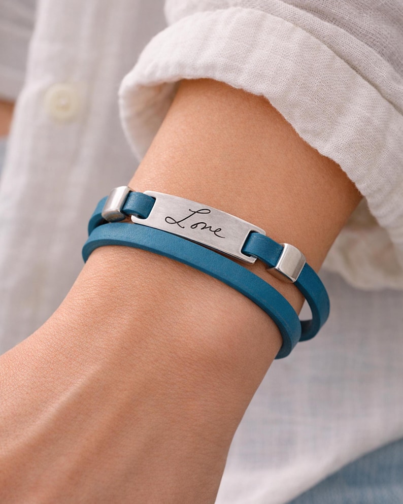 Handwriting Leather Bracelet – Double Wrap Cuff – Custom Signature Engraved Plate – Personalized Gift for Her or Him image 11