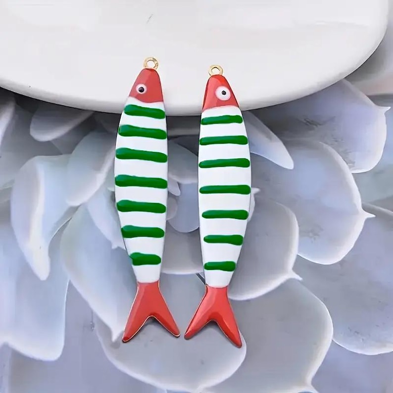 Enamel sardine charm inspired by Portuguese coast with green stripes