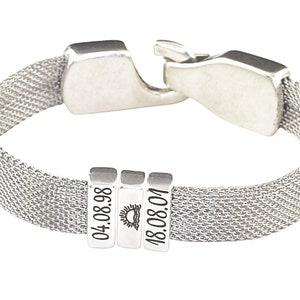 Articulated Mesh Bracelet Personalized Silver Flat Knitted Wrap Cuff with Name Date Charms Vintage Style Mesh Chain Engraved Bracelet