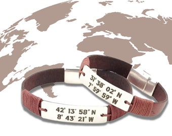 Conjunto de pulseras de cuero personalizadas con coordenadas de ubicación, joyería para parejas