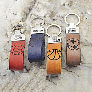 Custom Engraved Sports Keychain – Personalized Coach or Player Gift – Name & Number Leather Tag – Team Keepsake – Coach Appreciation Gift