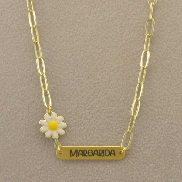 Collar con nombre personalizado con dije de margarita, collar con placa de identificación dorada, regalo de Navidad perfecto para ella, mamá