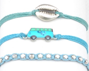 Cowry SHELL Surfer Bracelet Hippie BUS String Bracelet Vw Bus MACRAME Silver Plated Enamel Beaded Sea Shell Stacking Bracelet Set