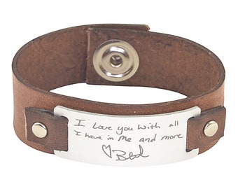Personalized Gifts for Men, Actual Handwriting Gift for Him, Men Handwritten Jewelry, Wide Leather Cuff, Signature Bracelet Memorial