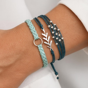 Coastal Boho Bracelet Set: Olive Branch Jewelry - Adjustable Silver Plated Charms - Minimalist Stacking Bracelets - Handmade Gift