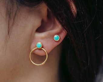 Dainty Turquoise Round Studs Gold Open Circle Ear Jackets Minimal Opal Onix Ear Stud Cool Double Sided Geometric Front Back Jacket Earrings