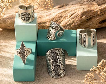 Bohemian Adjustable Statement Ring Silver Ethnic Style Ring Minimal Tribal Jewelry Everyday Boho Fashion Accessory