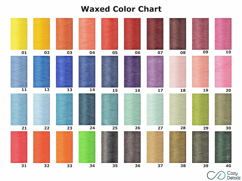 May include: Waxed thread color chart with 40 different colors, numbered 01 to 40. The colors are arranged in rows of 10.