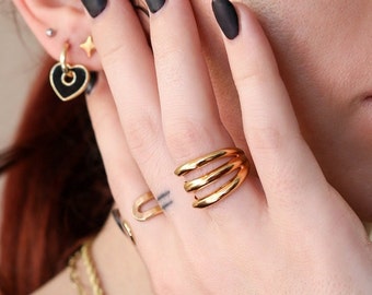 Anillo de triple banda: plata de ley o oro, brazalete abierto, ajustable