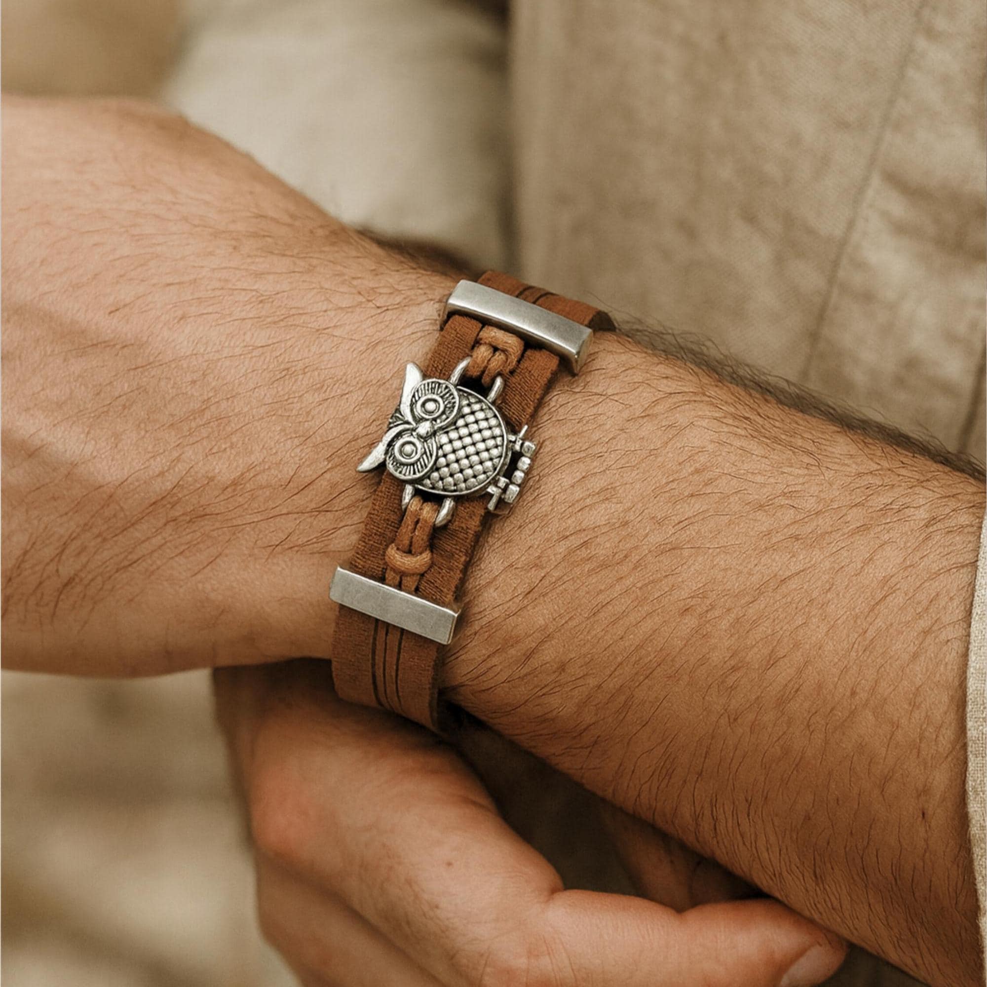 Silver Owl Charm Bracelet: Leather Cuff Wristband, Bird Jewelry Unisex – Woodland Nature Acces
