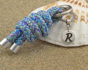 Customizable Initial Engraved Thick Paracord Keychain | Nautical Knot Letter Personalized Key Holder | Unisex Gift Surfer / Sailor / Beach