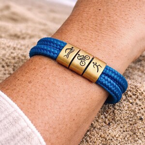 Swim Bike Run Gold Charm Bracelet Personalized Triathlon Waterproof Paracord Athlete Gift for Him Her Endurance Sports Jewelry