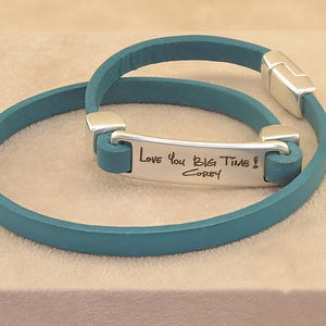 Handwriting Leather Bracelet – Double Wrap Cuff – Custom Signature Engraved Plate – Personalized Gift for Her or Him image 3