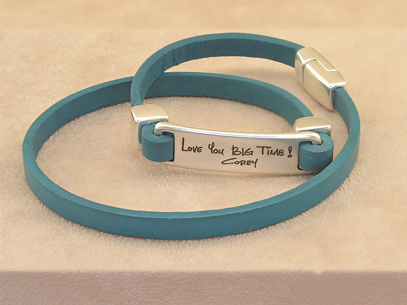 Handwriting Leather Bracelet – Double Wrap Cuff – Custom Signature Engraved Plate – Personalized Gift for Her or Him image 3