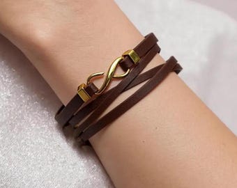 Gold Infinity Wrap Bracelet – Leather Bracelet for Women with Hook Clasp – Boho Jewelry Gift for Her, Girlfriend, Birthday or Anniversary