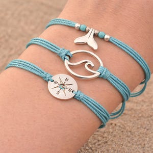 Beach String Bracelet Set – Wave Compass Whale Tail – Waterproof Ocean Jewelry – Coastal Surfer Stack Gift for Her image 2
