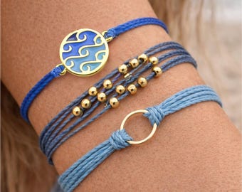Gold Wave Bracelet Set Blue Coastal String Bracelet Stack Beachy Summer Jewelry For Women