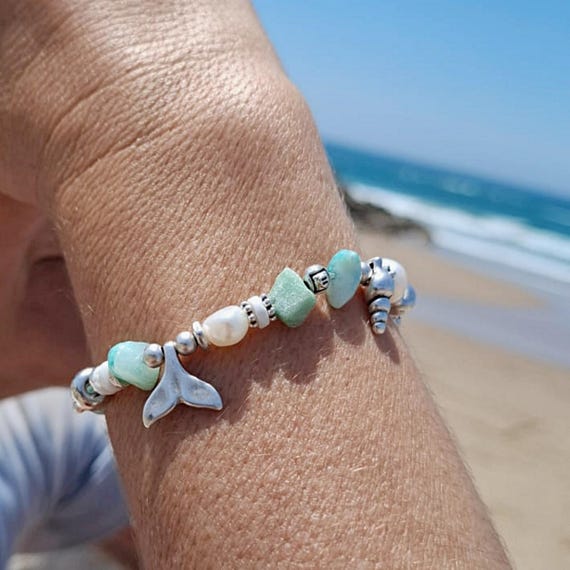 Beach Charm Bracelet With Tourmaline Beads, Coastal Summer Jewelry