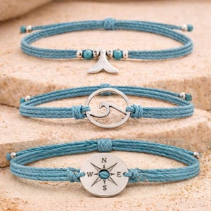 Beach String Bracelet Set – Wave Compass Whale Tail – Waterproof Ocean Jewelry – Coastal Surfer Stack Gift for Her image 3