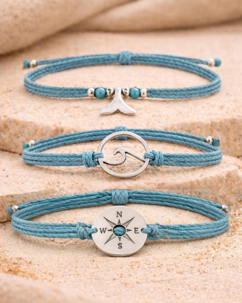 Beach String Bracelet Set – Wave Compass Whale Tail – Waterproof Ocean Jewelry – Coastal Surfer Stack Gift for Her image 3