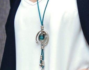 Boho Statement Necklace: Recycled Glass Beads, Sterling Silver Plated Zamak, Suede Cord
