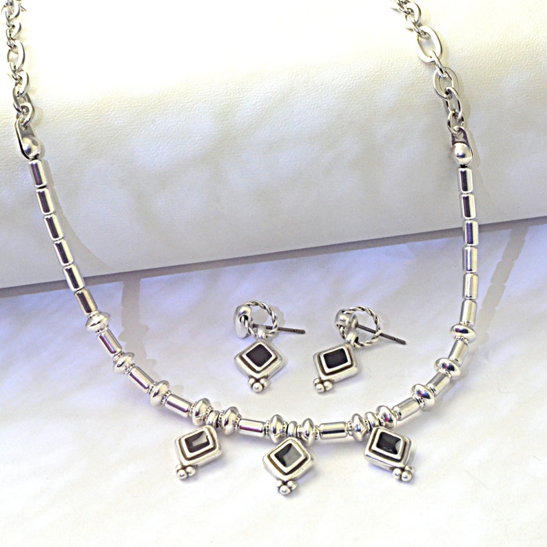 Ethnic Necklace Silver Rhombus Earrings Women Minimalist Ethnic Jewelry Set Necklace & Earrings Geometric Jewelry Gift Enamel Rhombus Charm image 1