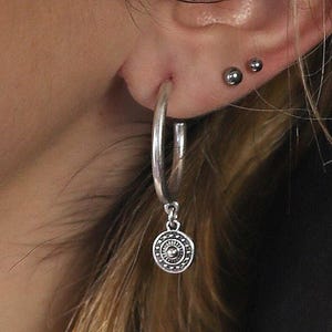 Hoop Earrings with Ethnic Coin Charm – Dainty Tribal Boho Jewelry – Minimalist Geometric Dangle Hoops for Women & Teens - 29mm Hoops